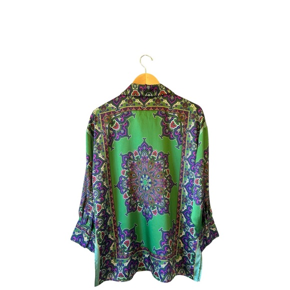 ZARA Green/Multi Satin Button Front Tunic Top Blouse Size Small NWT Artsy Boho - Picture 7 of 9